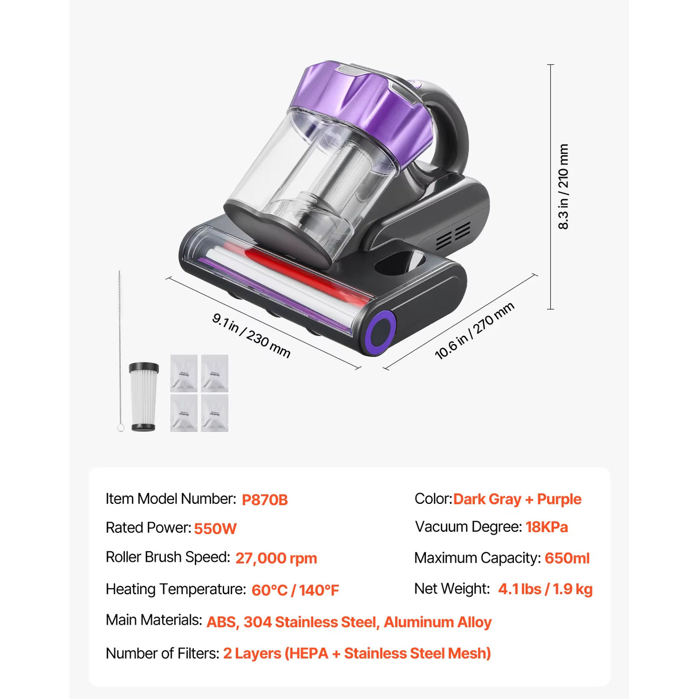 Mattress Vacuum Cleaner - 18kPa Handheld Deep Cleaner with HEPA Filter & Heated Ultrasonic Head | For Mattresses, Sofas, Car Seats & Pet Beds | See Exactly What Comes Out