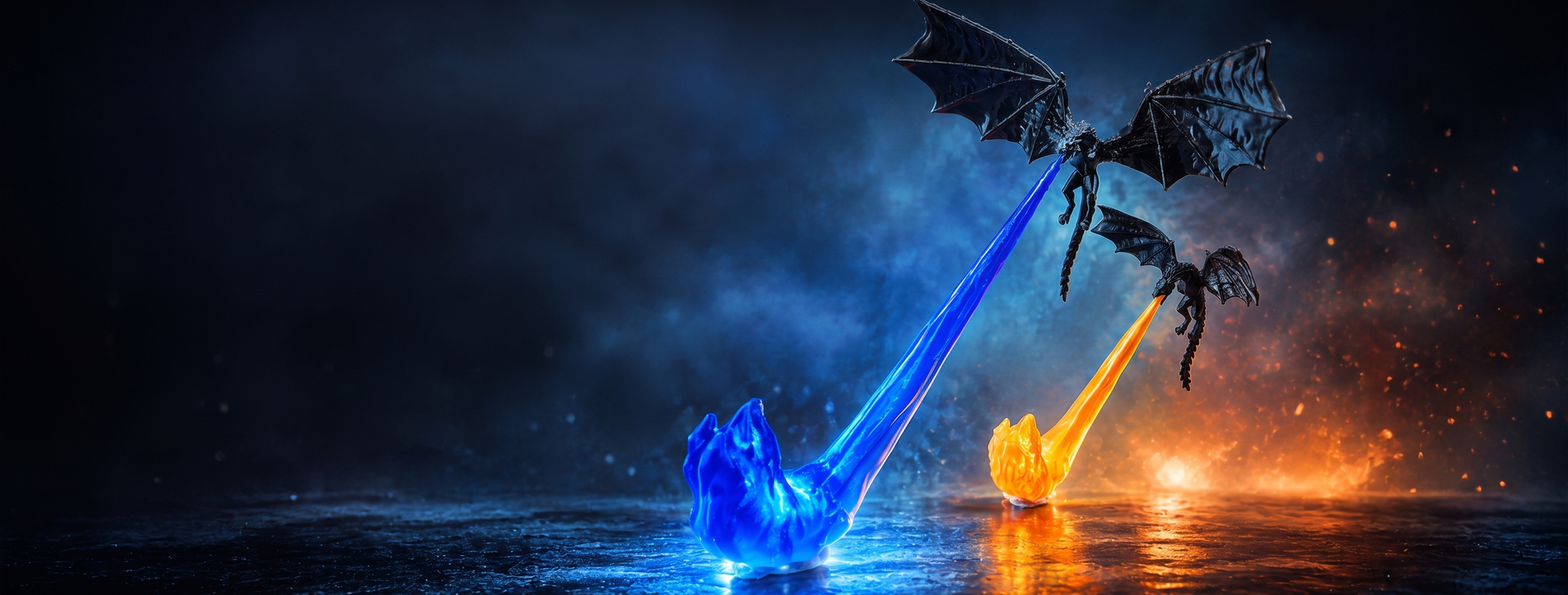 Fire-breathing dragon bookshelf statue, blue and orange flames